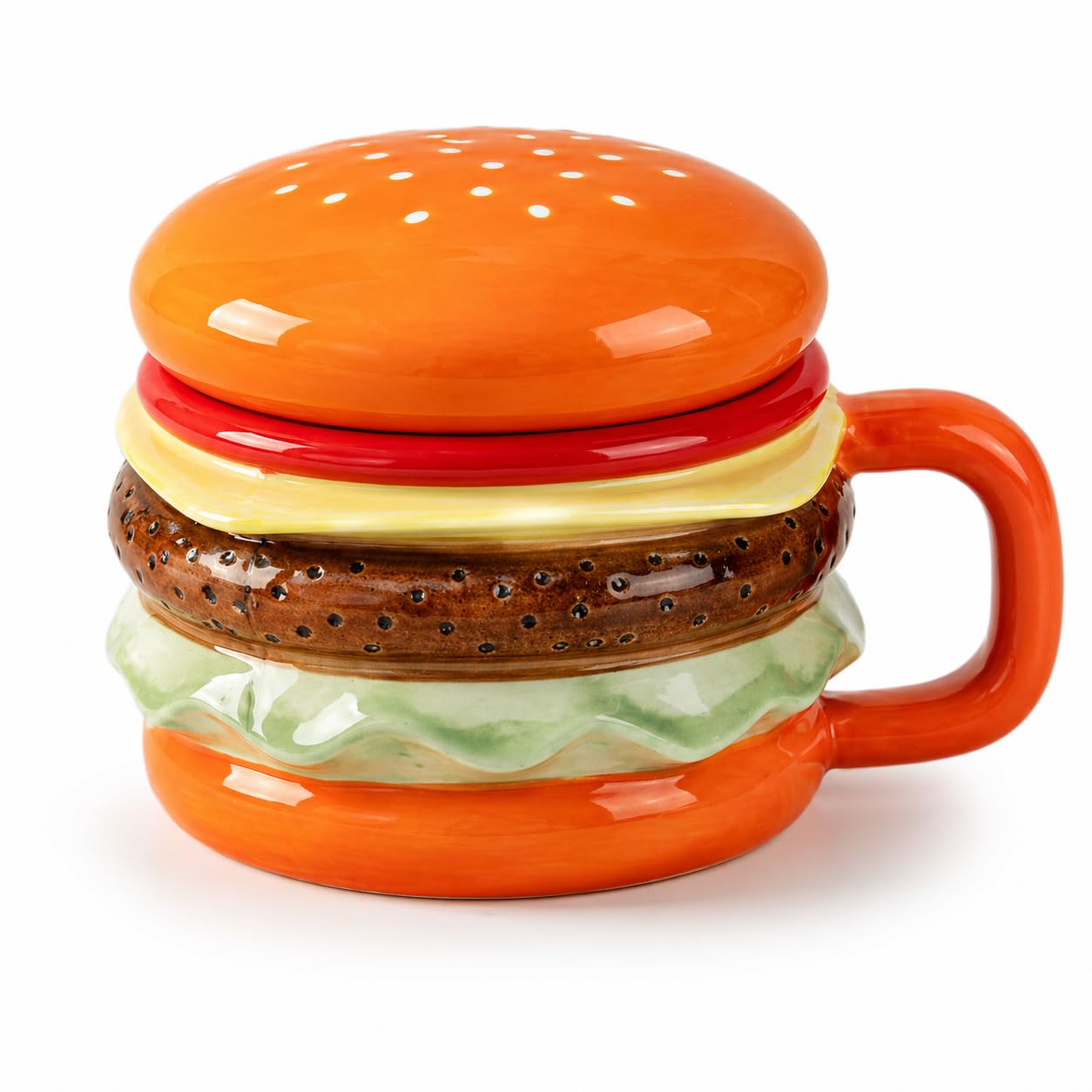 VerdantHome BurgerShaped Ceramic Coffee Mug with Lid, 4.1 x 3.5 Inches