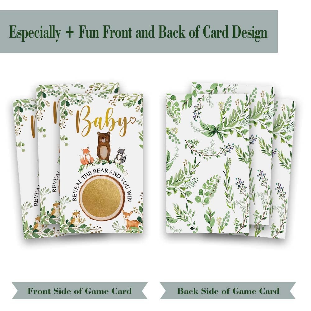 Skuhyyg 50 Pieces Woodland Baby Shower Scratch Off Game, Woodland Forest Animals Neutral Boy Girl Baby Shower Decorative Set, Pr