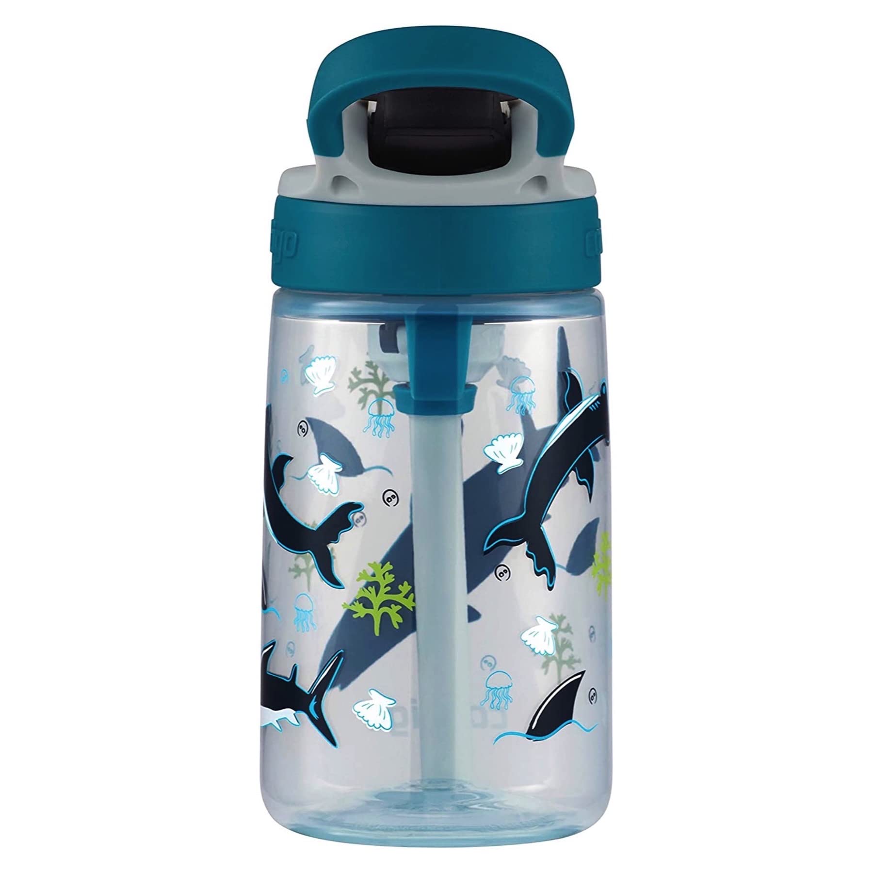 Contigo Kids Straw Water Bottle With Autospout Lid, 14Oz., White Sharks