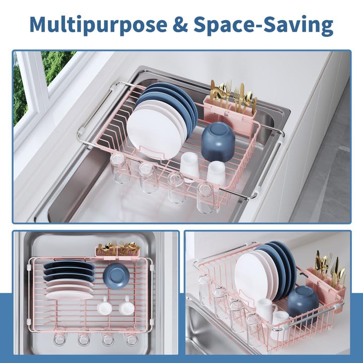 Over the Sink Expandable Dish Drainer Drying Rack In Stainless Steel for Small Kitchen, Counter Space Saving Compact Metal Above