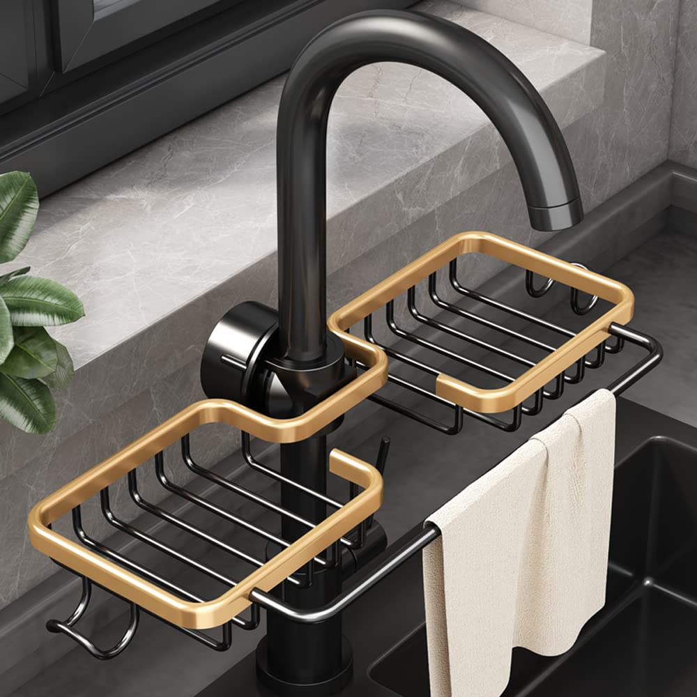 WINGSIGHT Faucet Sponge Holder Kitchen Sink Caddy Organizer Over Faucet Hanging Faucet Drain Rack for Sink Organizer (Double with Dishcloth Rack  Golden)