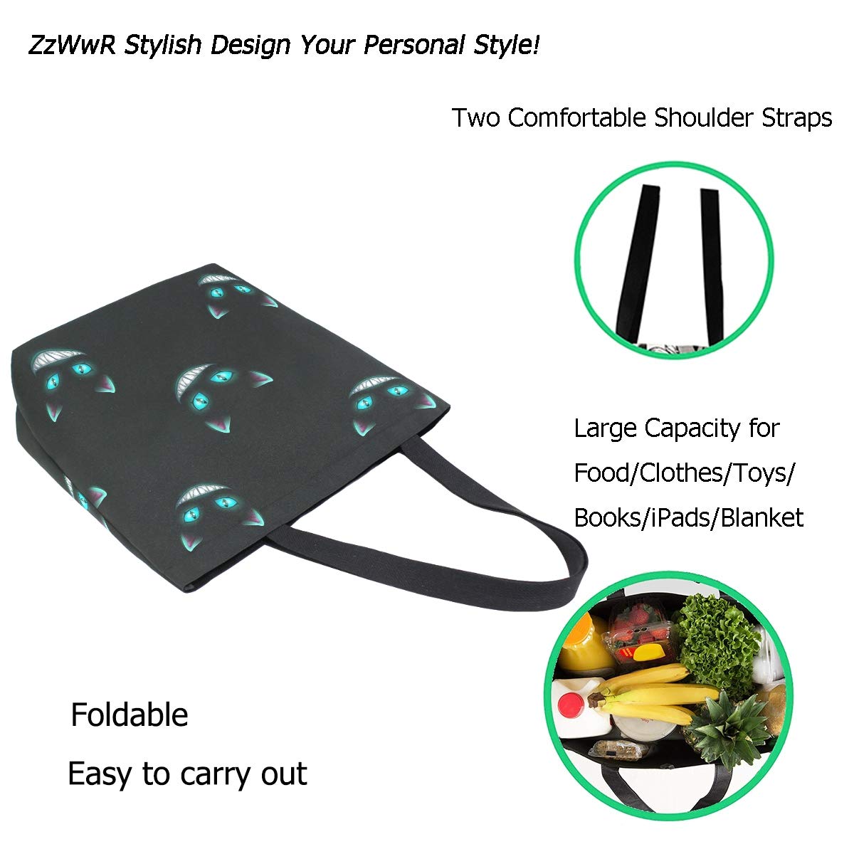 Zzwwr Stylish Funny Cheshire Cat Pattern Extra Large Canvas Beach Travel Reusable Grocery Shopping Tote Bag Portable Storage Han