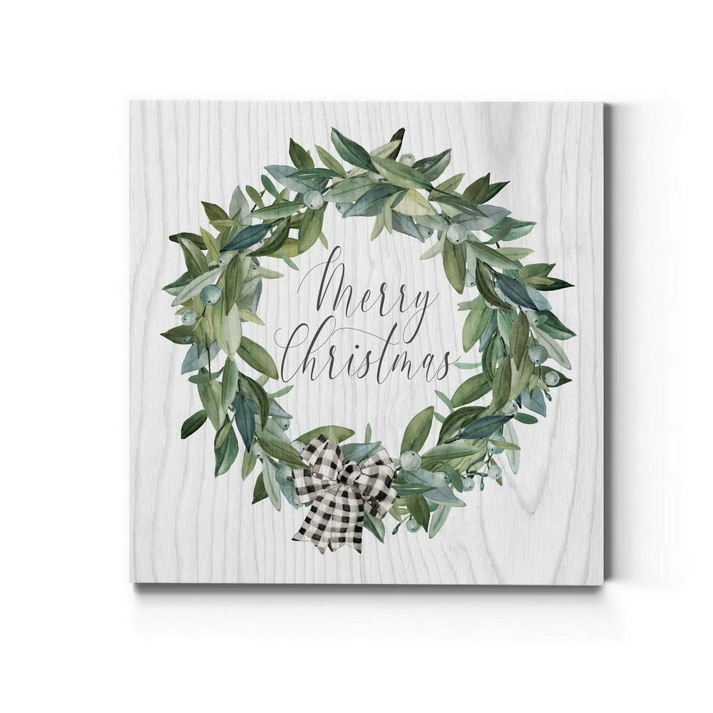 Renditions Gallery Merry Christmas Wreath Wall Art, Cute Winter Artwork, Festive Faux Wood Background, Bow, Premium Gallery Wrap