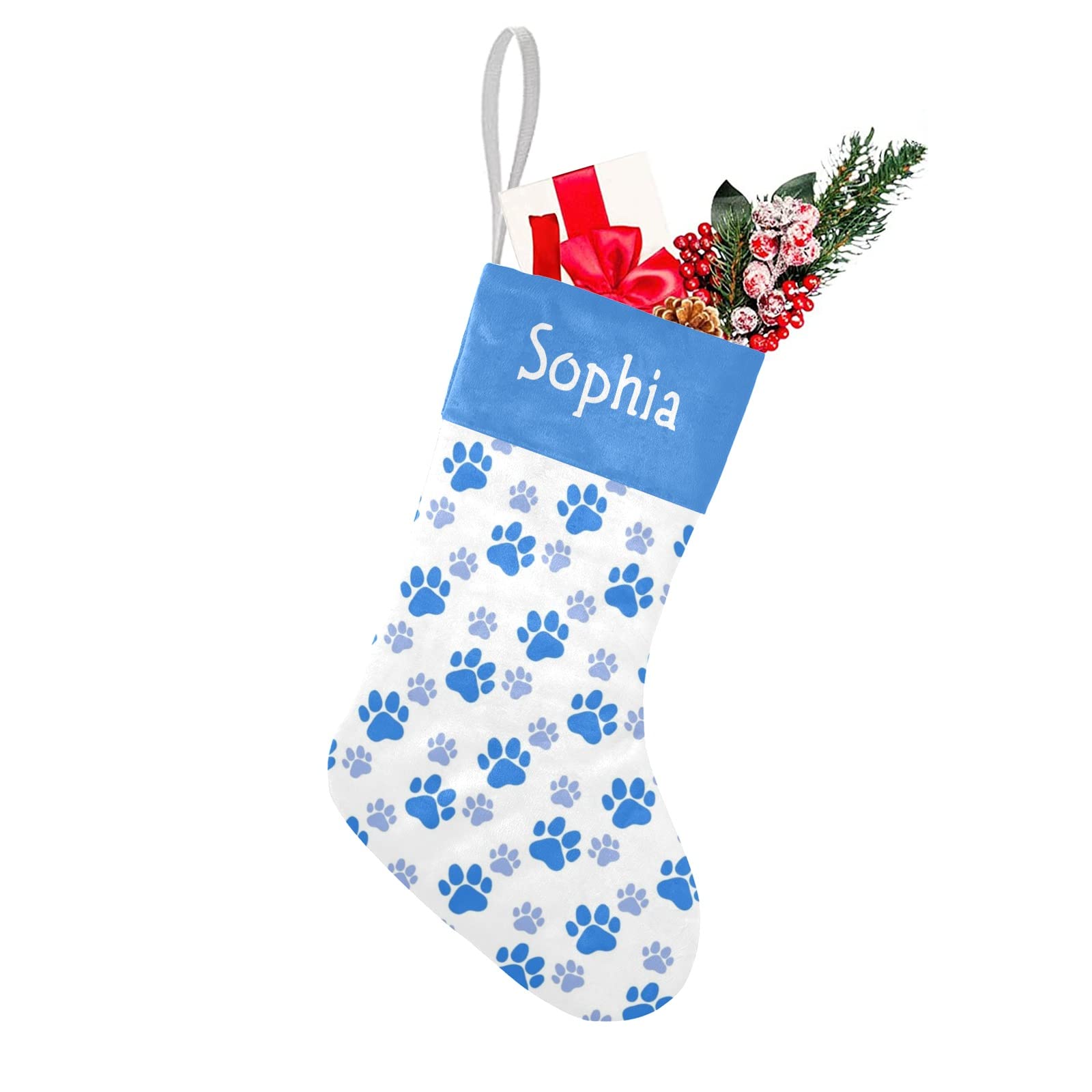 Personalized Name Dog Paw Print Blue Christmas Stockings Text Custom Xmas Holiday Pup Dog Gift Decor 17.52 x 7.87 Inch
