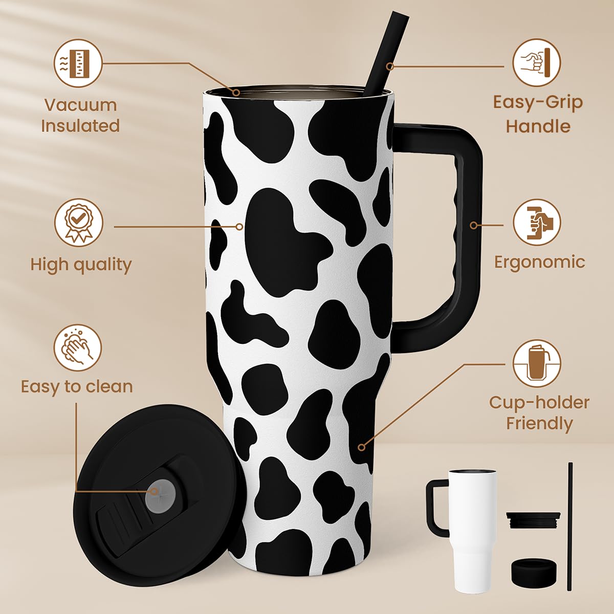 SANDJEST Cow Tumbler with Handle 40oz, Cow Print Cup Stainless Steel Tumblers Coffee Travel Cups with Slider Lid, Cow Gifts for
