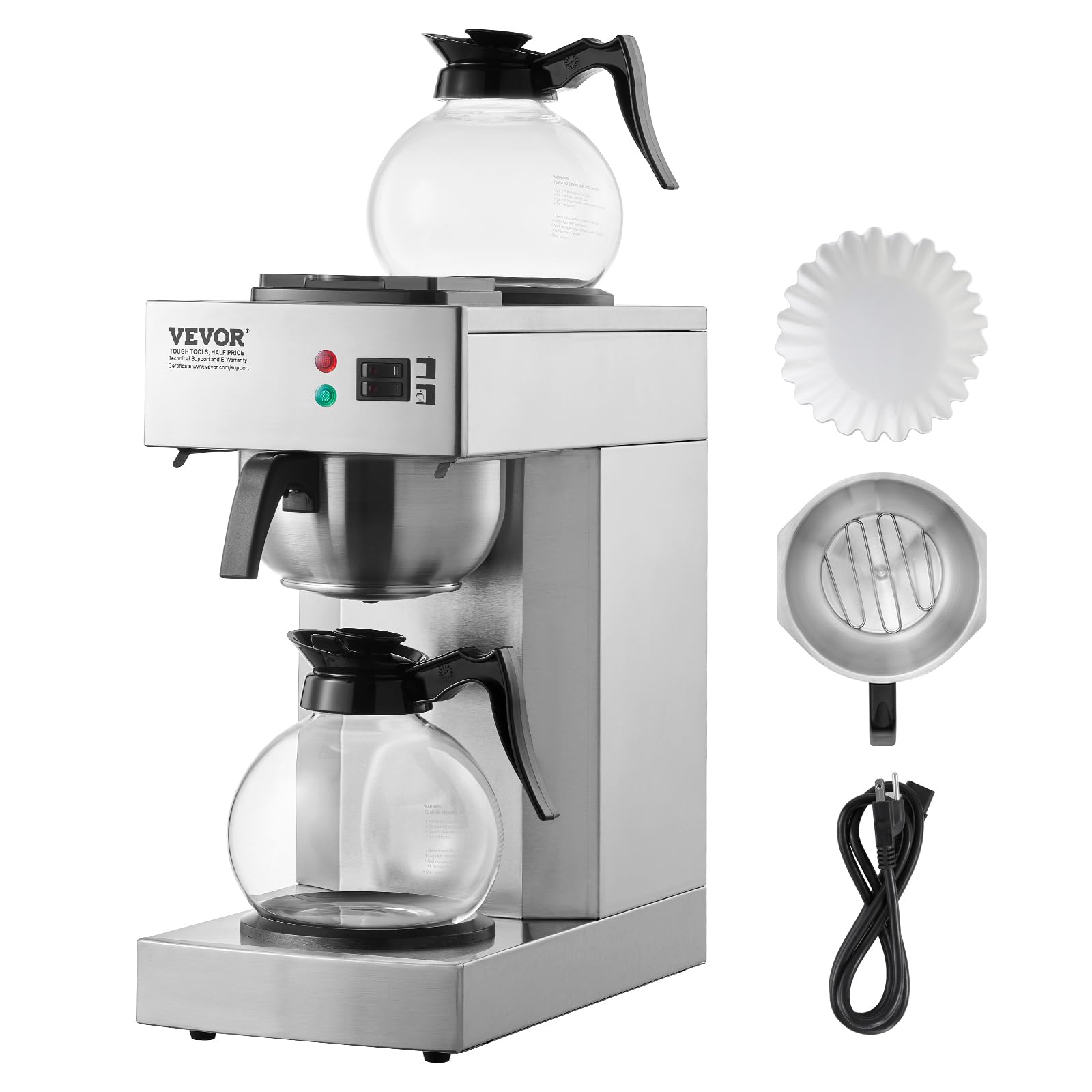 VEVOR 12 Cups Commercial Drip Coffee Maker, Coffee Maker Machine with 2 Glass Carafes and 2 Warmer Plates, Stainless Steel Pour 