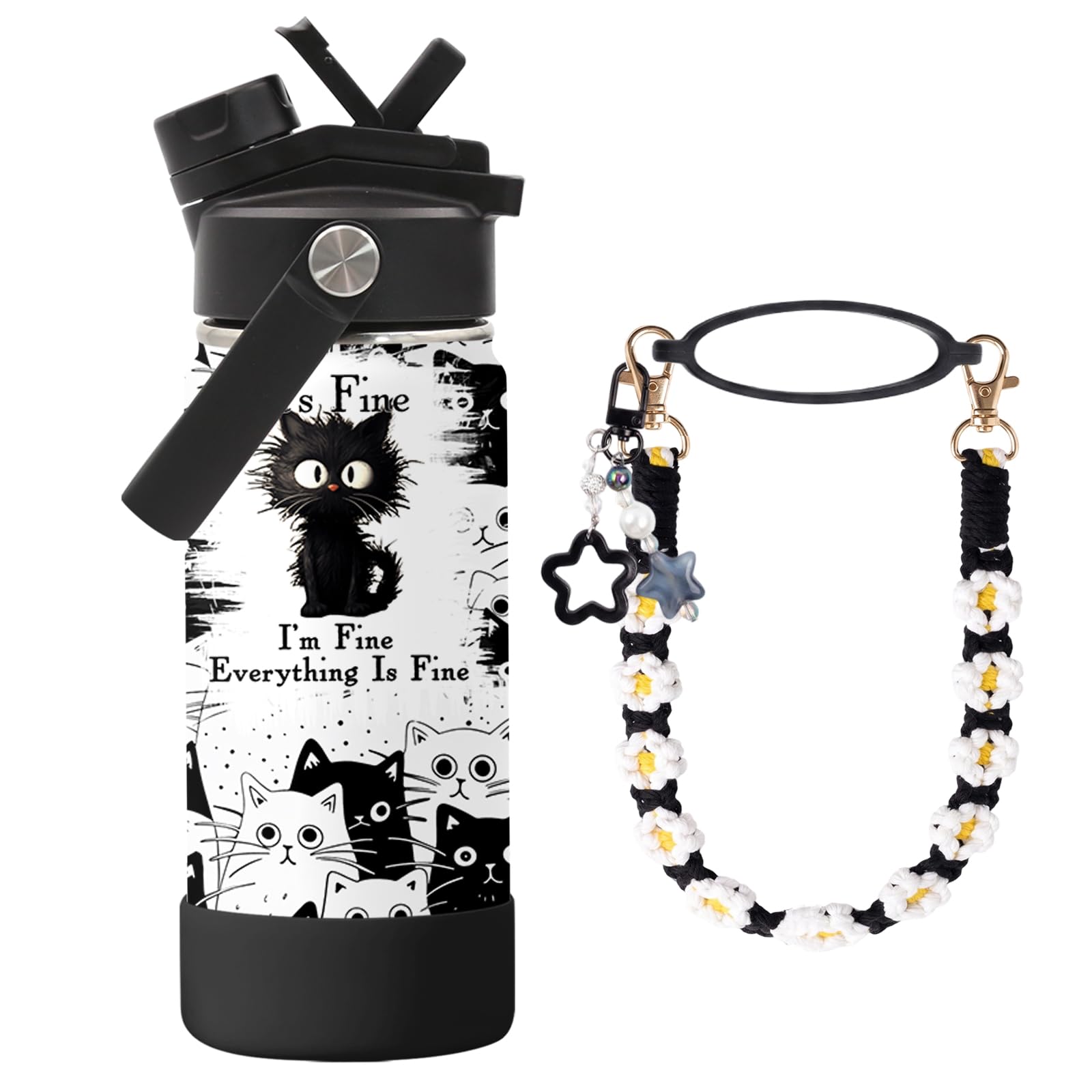 Cat Gifts for Women Girls 16 oz Tumbler with Straw Lid, Kids Stainless Steel Vacuum Insulated Cup with Cute Lanyard, I Am Fine 