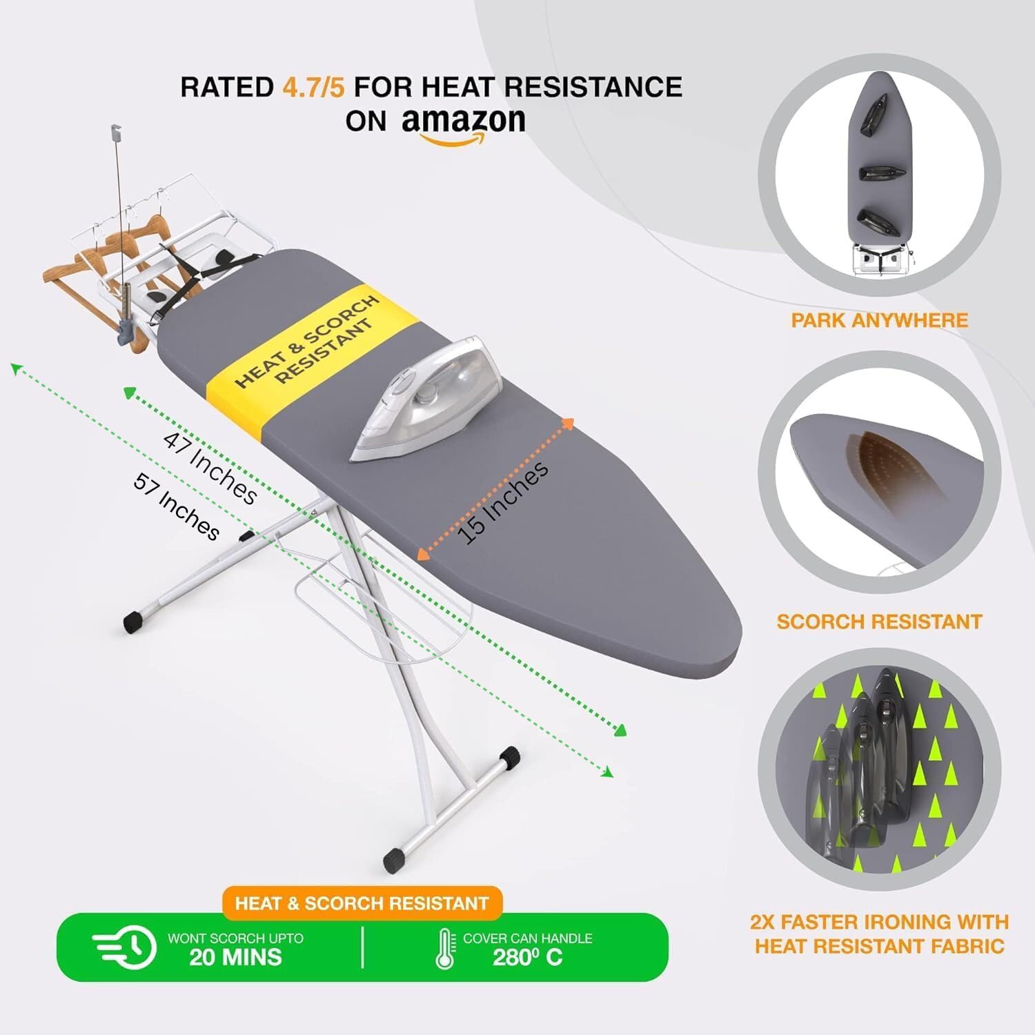 Xabitat Full Size Ironing Board 57'' X 15'' W/Wall Mount Hanger | Full Metal Construction Iron Board| Built In Iron Caddy | Heat