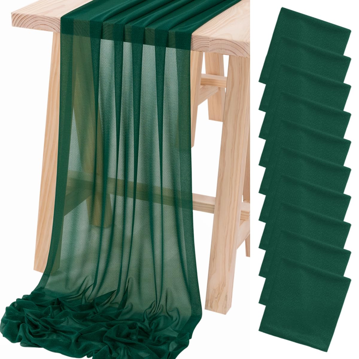 Socomi 10Pcs Emerald Green Gauze Table Runner Bulk 10Ft Chiffon Like Wedding Table Runner For Bridal Shower Decorations Baby Sho