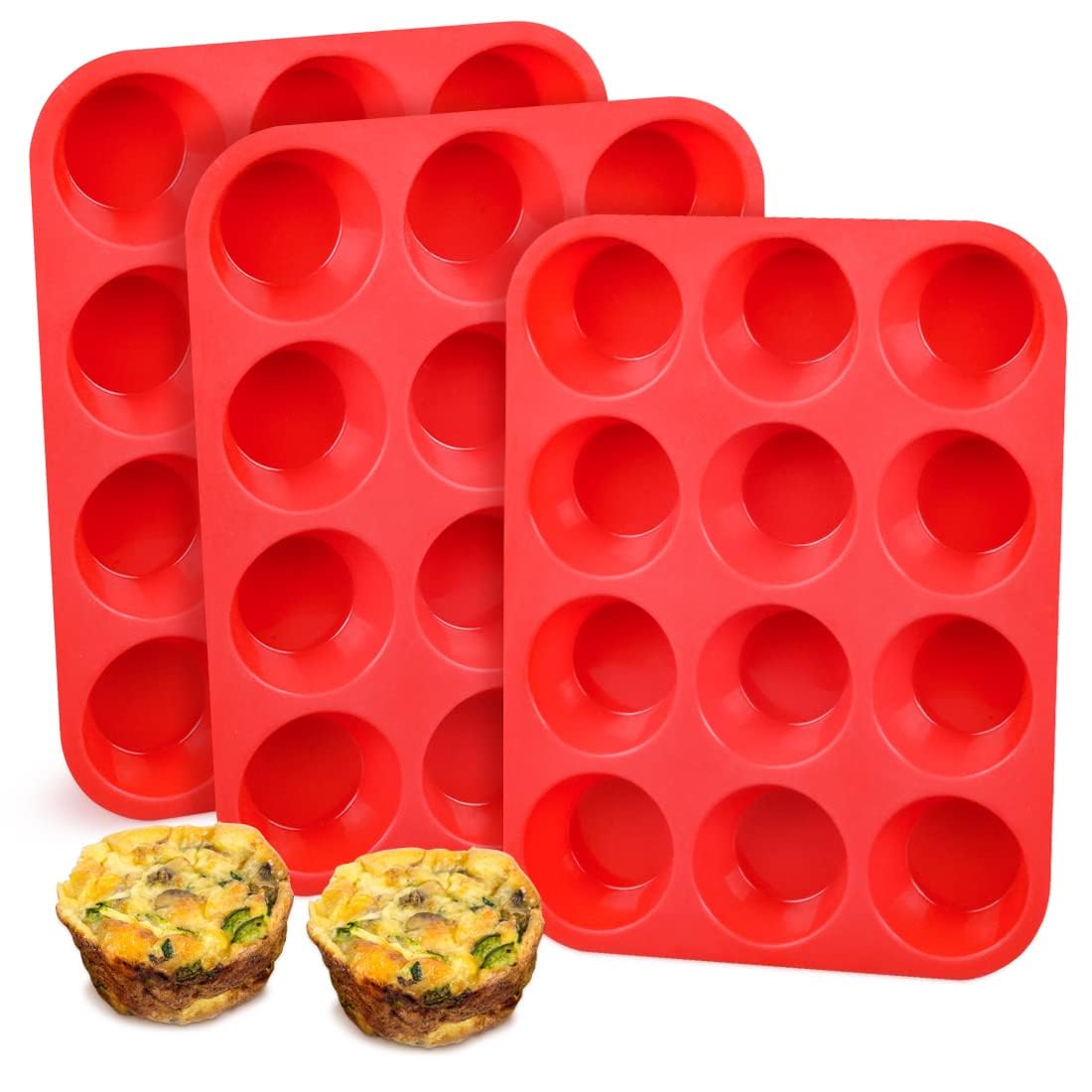 Caketime Silicone Muffin Pan, 12-Cup Cupcake Pan For Baking 3 Pack Nonstick Food Grade Silicone