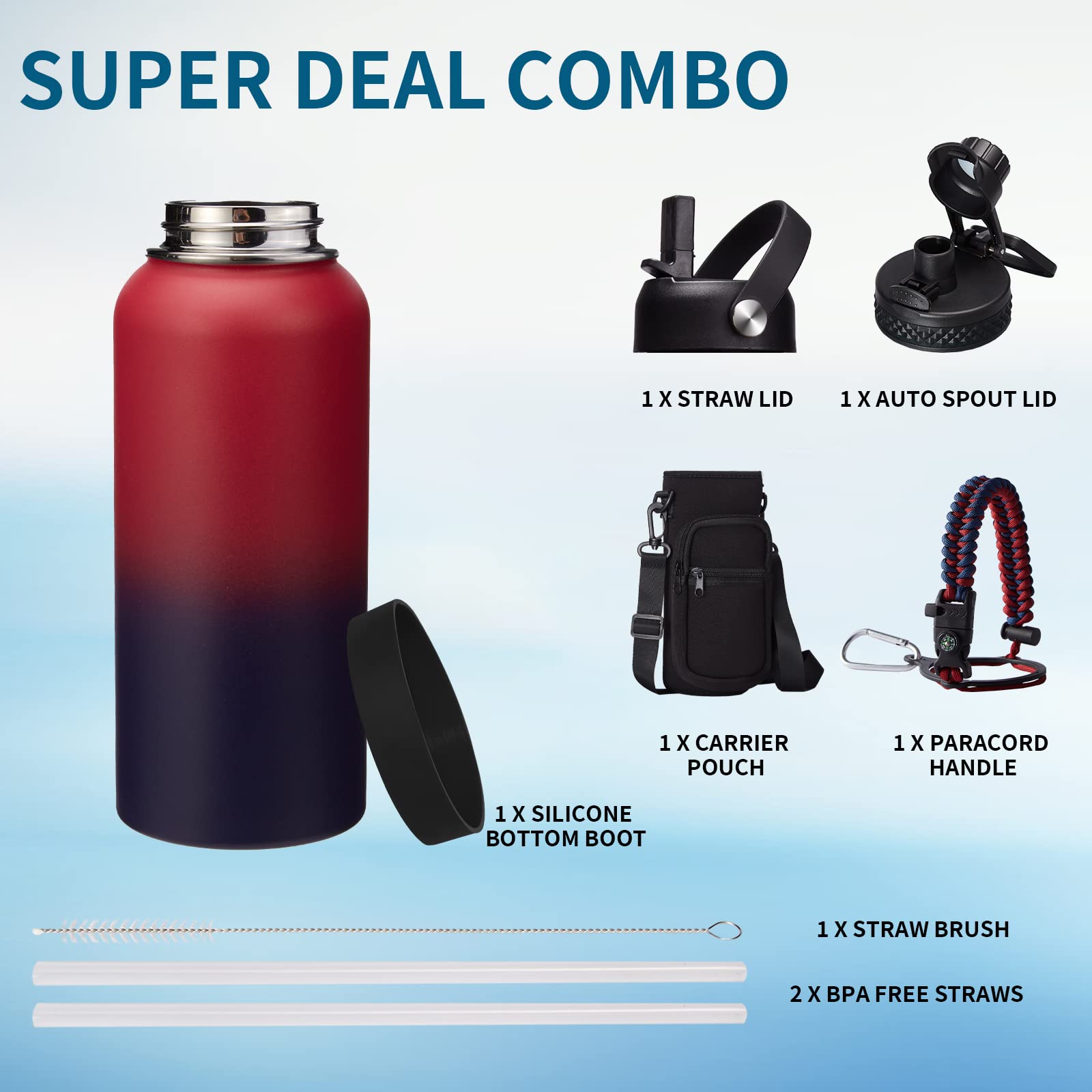 Insulated Water Bottle 32 oz - Straw & Chug Lid  Paracord Handle  Metal Water Bottles Holder with Strap  Water Bottle Boot  Double Wall Vacuum Flask Thermo Flask with Straw Keep Cold 48H Hot 24H