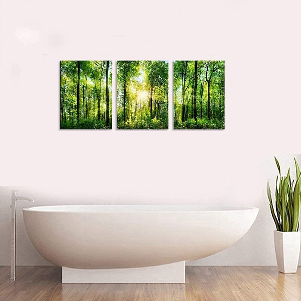 HLJ ART 3 Panels Morning Sunrise Green Trees Landscape Sunshine Over Forest Photograph Printed on Canvas for Home Wall Decoration (Green  12x16inchx3)