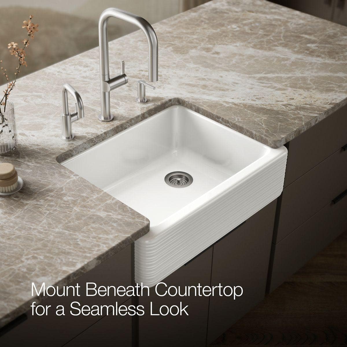 Kohler K-7251-0 Whitehaven Farmhouse Undermount Single-Bowl Kitchen Sink With Tall Apron With Hayridge Design, 29-11/16 X 21-9/1