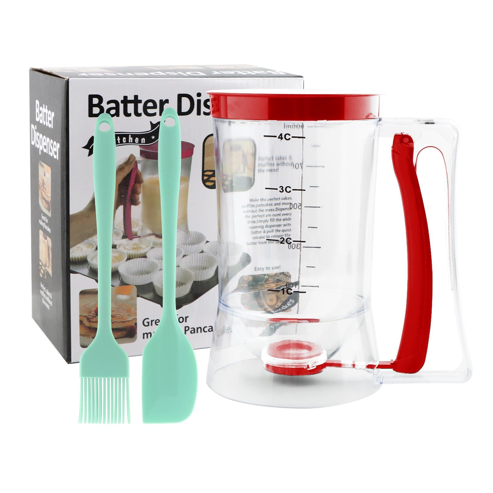 4 Cup Pancake Cupcake Batter Dispense, 900mL Pancake Dispenser With Measuring Label Squeeze Handle Bracket and Silicone brush sc