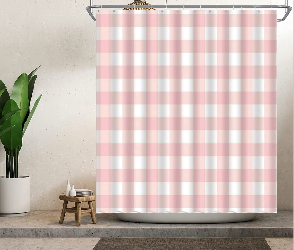 Zkjsmgs Geometric Plaid Shower Curtain Checkered Modern Geometry Pink White Buffalo Check Boho Square Blush Bathroom Home Curtai