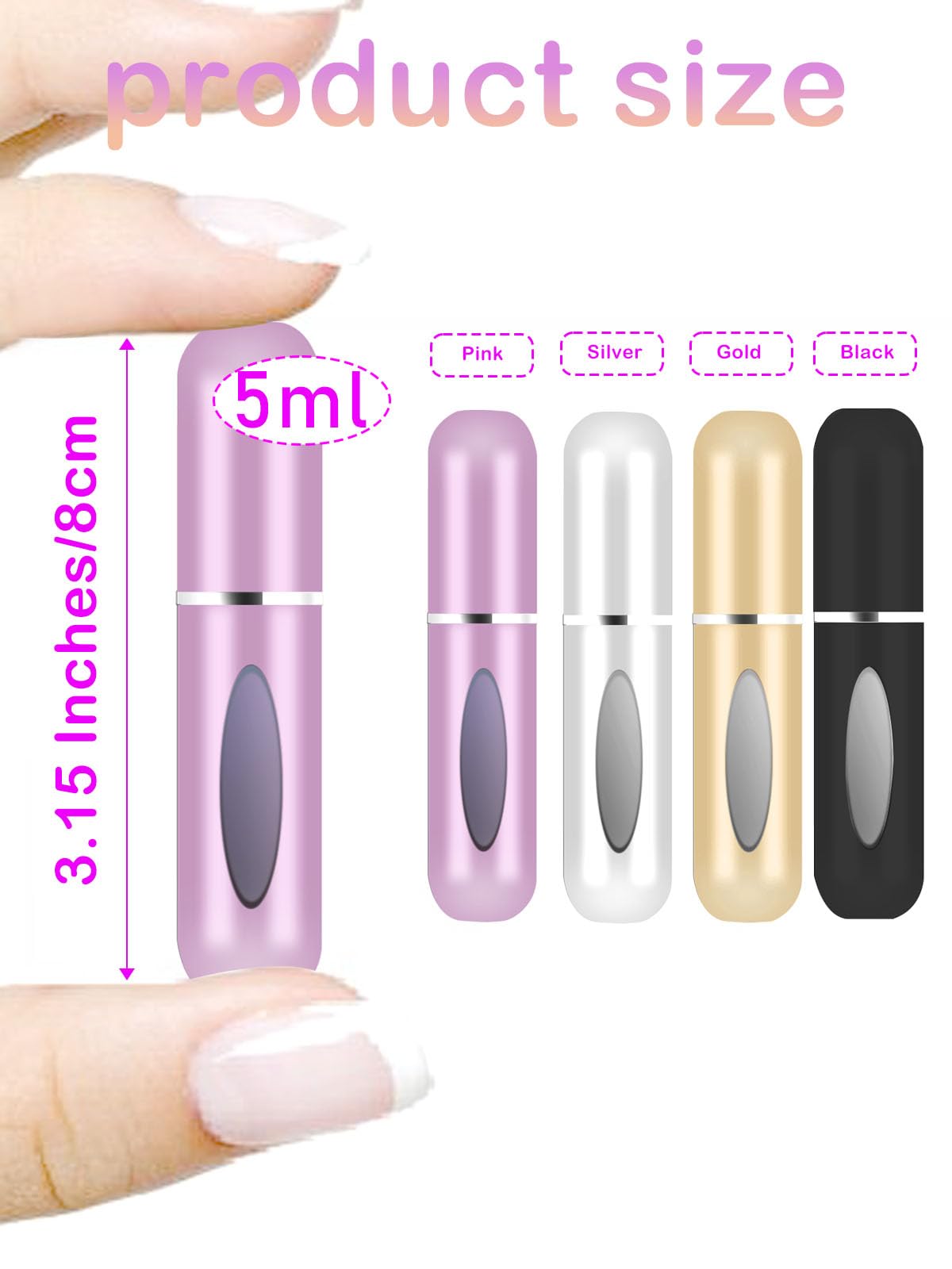 CUTEABC 5ml Travel Perfume Atomizer, Refillable Mini Spray Bottle, Aluminum, 4 Pack - Pink, Black, Gold, Silver