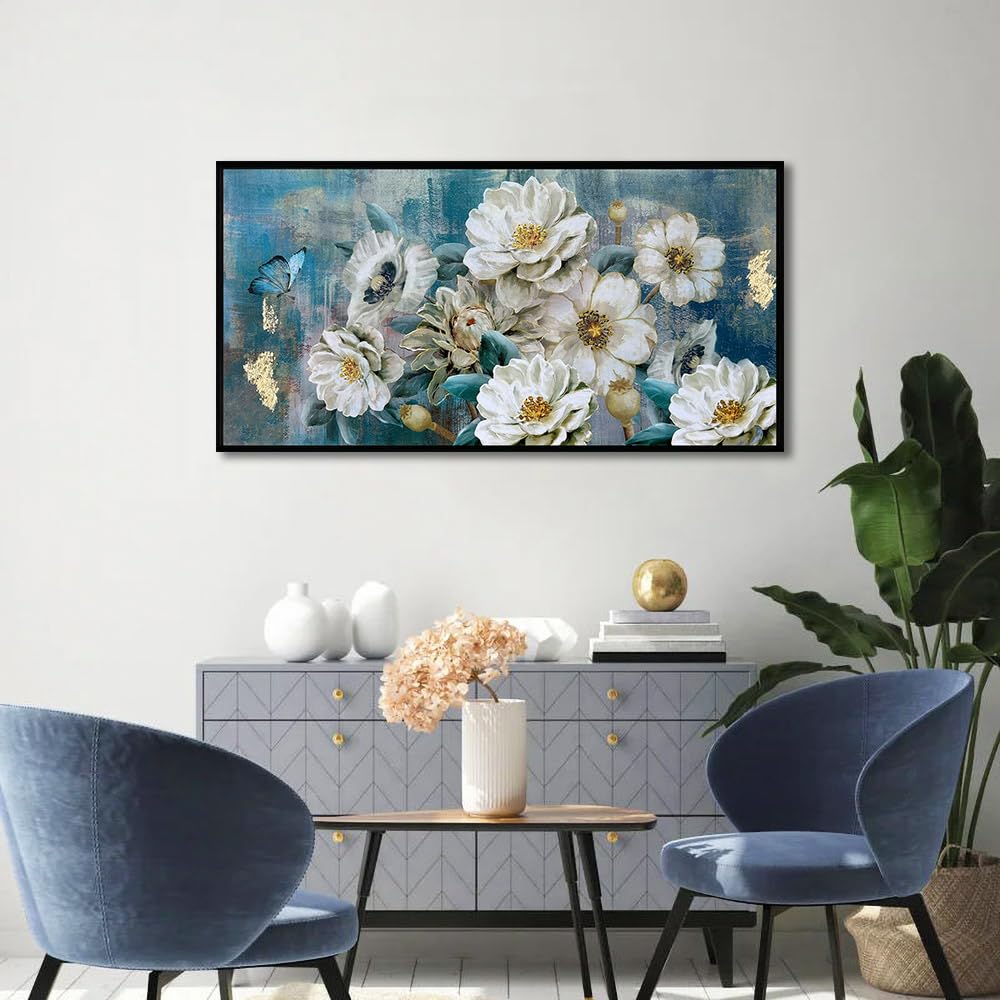 Arjun Flowers Canvas Wall Art White Elegant Modern Picture Gold Foil Colorful Painting Turquoise Floral Teal Artwork for Living Room Bedroom Bathroom Home Office Decor  Black Wood Framed Large 40''x20''