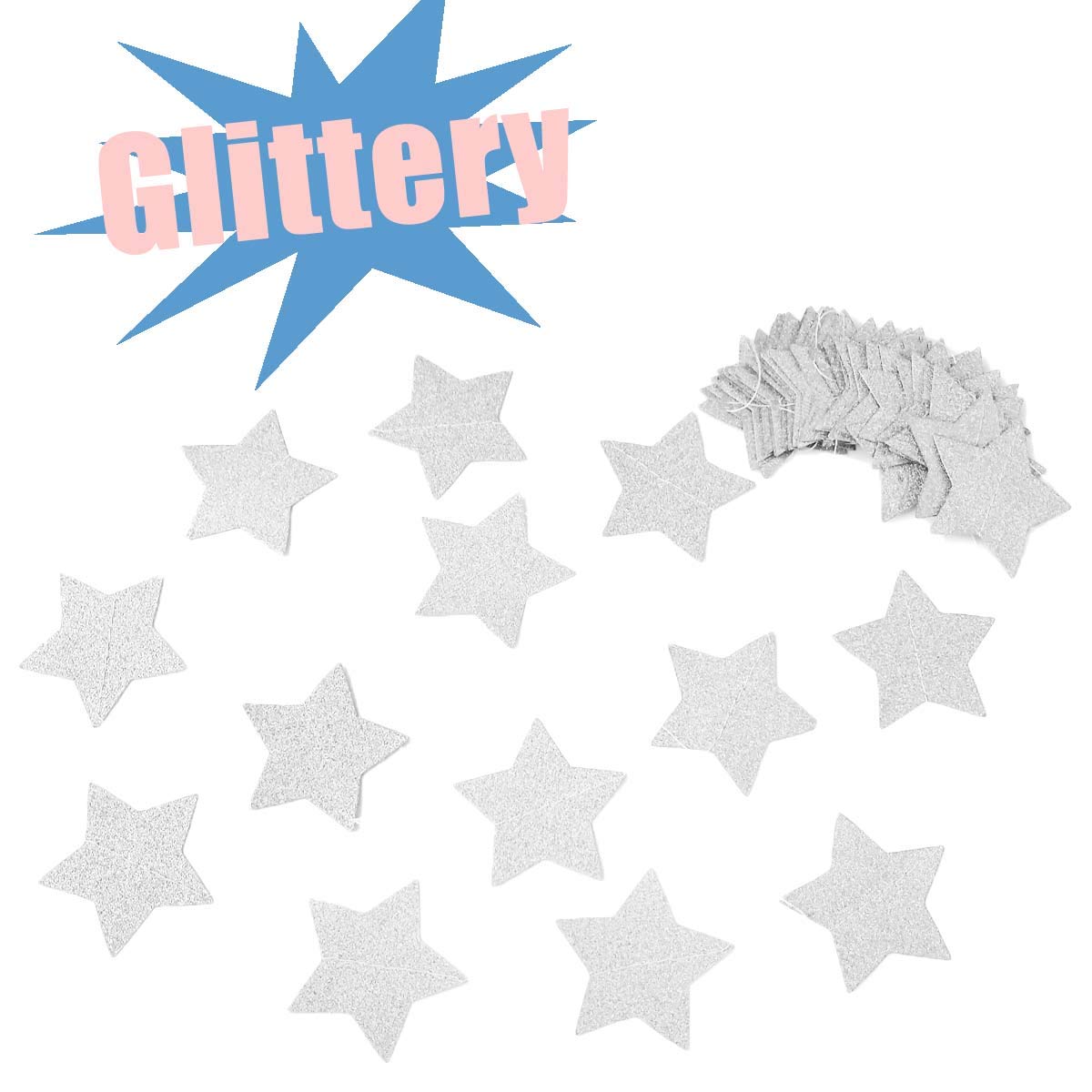 6 Pcs Glitter Silver Star Paper Garland Christmas Birthday Party Decorations Sparkling Bunting Banner Hanging Decorations for Br