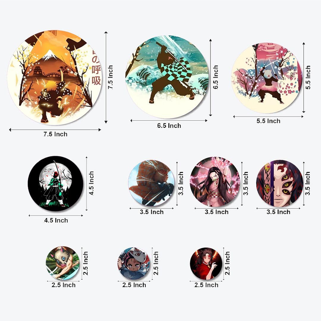 Cvanu Set Of 10 Mdf Round Shaped Demon Slayer Printed On Wall Art Hanging Self-Adhesive Double Sided Tape For Wall Decoration_C1