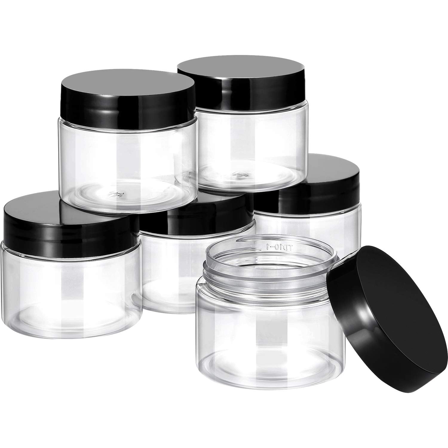 SATINIOR 6 Pack 2 oz Plastic Jars Containers with Lids Wide-mouth Refillable Leakproof Reusable Round Empty Jars for Travel Cosm