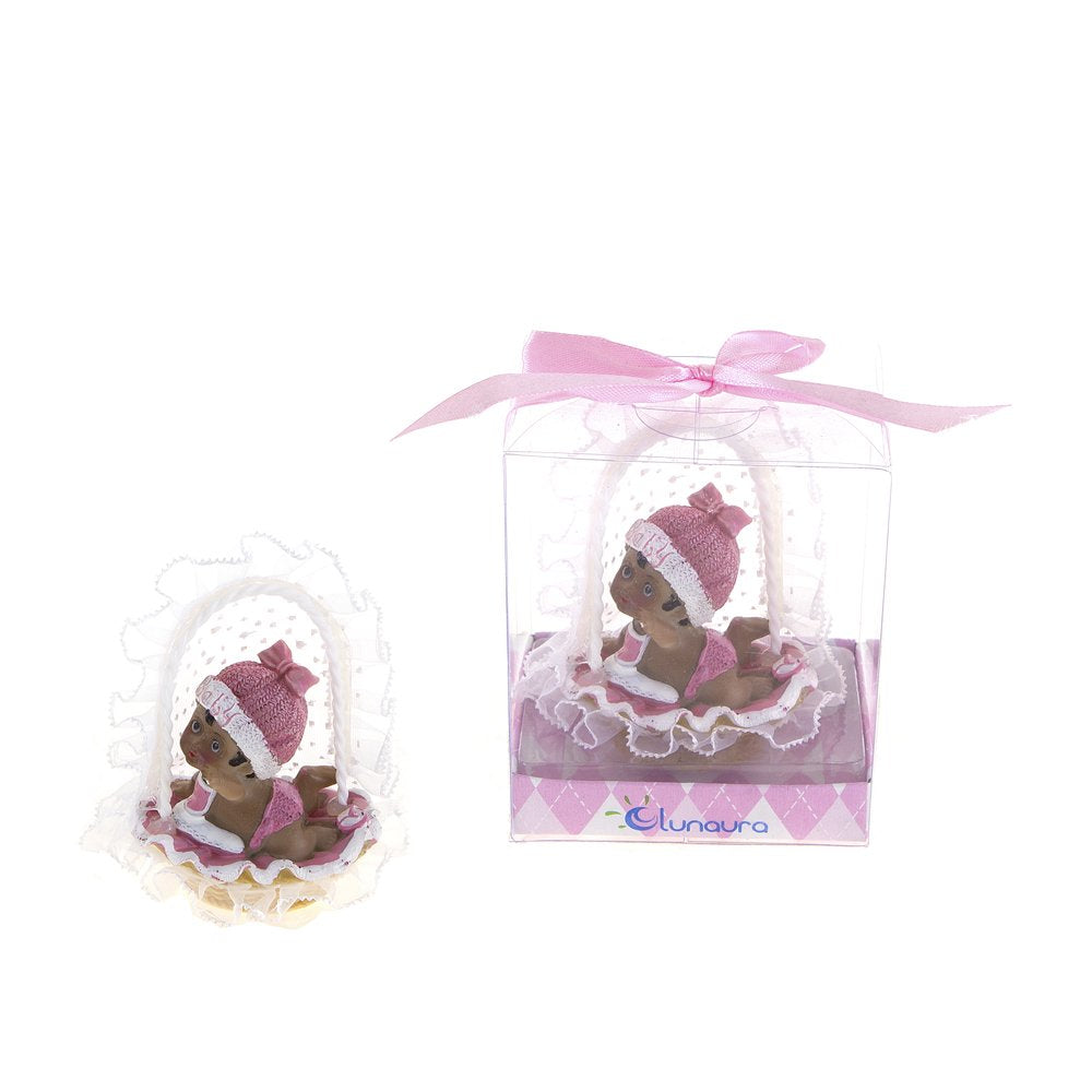 Lunaura Baby Keepsake - Set Of 12 ''Girl'' Black Ethnic Baby On Tummy Inside Basket Favors - Pink