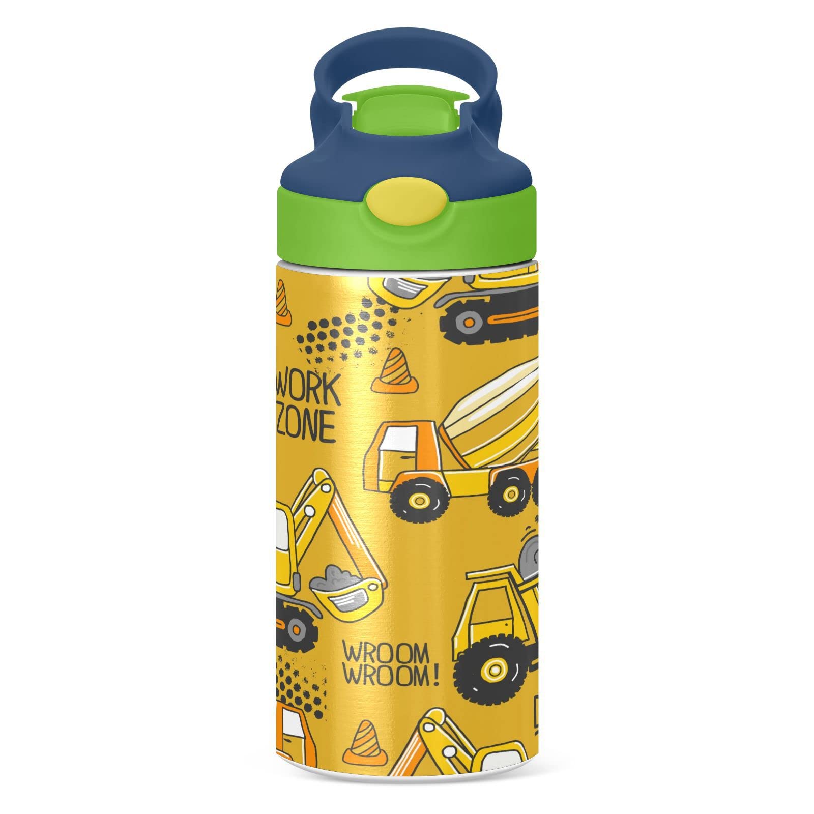 Boccsty Tractor Yellow Truck Kids Water Bottle With Straw Lid Construction Machines Insulated Stainless Steel Reusable Tumbler F