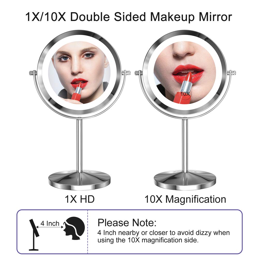 Gospire Led Makeup Mirror 1X/10X Magnifying With Touch Screen Adjustable Led Light, 7'' Lighted Vanity Swivel Mirror Double Side