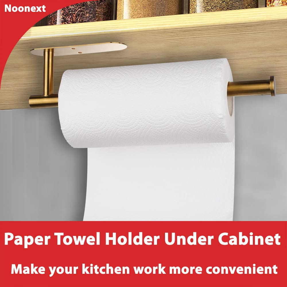 Self Adhesive Paper Towel Holder ?2021 Upgraded?- Under Cabinet Paper Towel Rack for Kitchen  SUS304 Brushed Stainless Steel  12 Inch Bar - Fits All Roll Sizes  No Drilling (Gold)