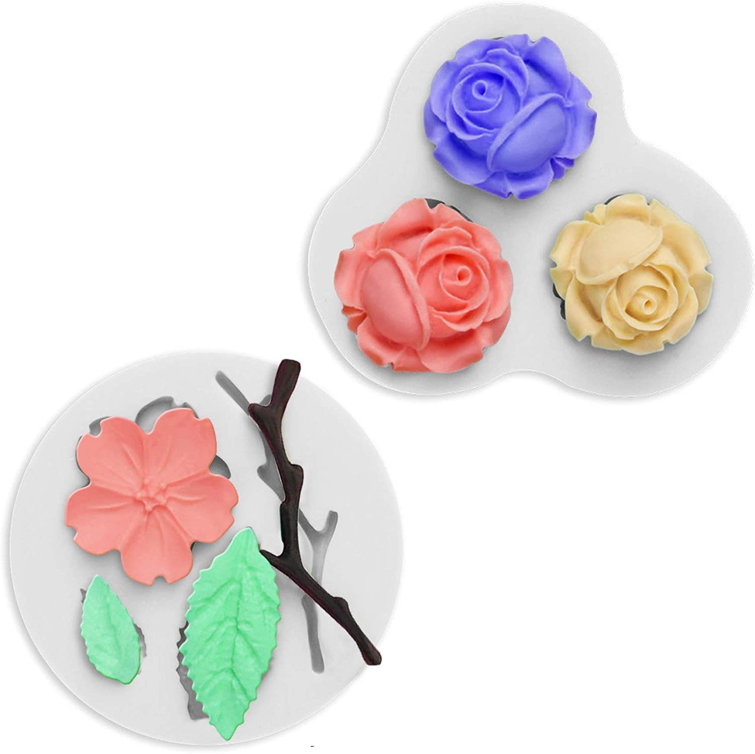 Flower Fondant Cake Molds 3 Pcs, Mini Flower Silicone Molds Roses Flower,Peach Flower And Leaf Molds, Candy Molds Set For Chocol