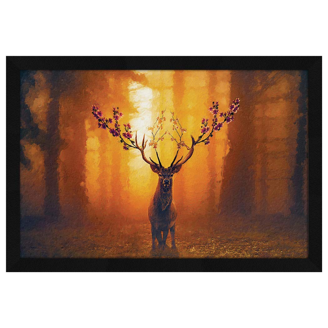 Artx Paper Deer Stag Floral Framed Painting, Wall Art Painting, Synthetic Wood, Multicolor, Animals 12.5 X 18.5 Inch