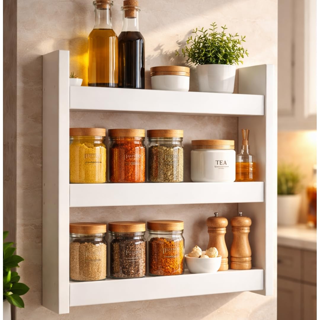 Alzenia Wall Kitchen Tray Rack, Organizer, And Wooden Wall Shelf For Kitchen Storage Boxes.(White)