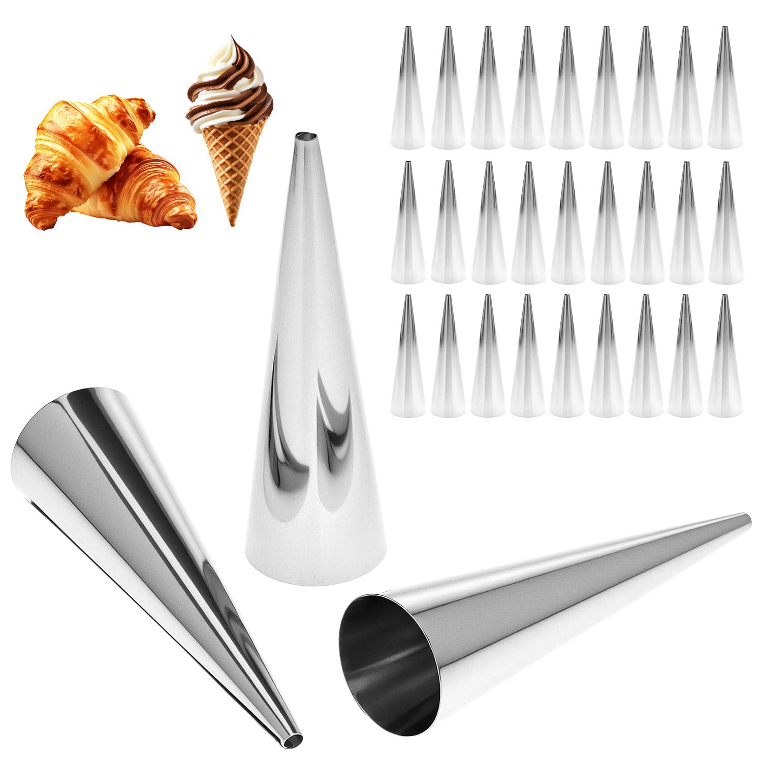 QWORK Mini Cream Horn Moldle Stainless Steel Cones, 30PCS 3.4x1 NonStick Cannoli Tubes Set, Pastry Roll Baking Moulds for Cro