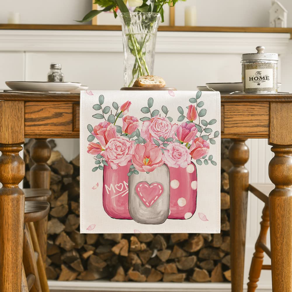 Artoid Mode Tulips Carnations Flower Vase Eucalyptus Mother'S Day Table Runner, Kitchen Dining Table Decoration For Home Party D