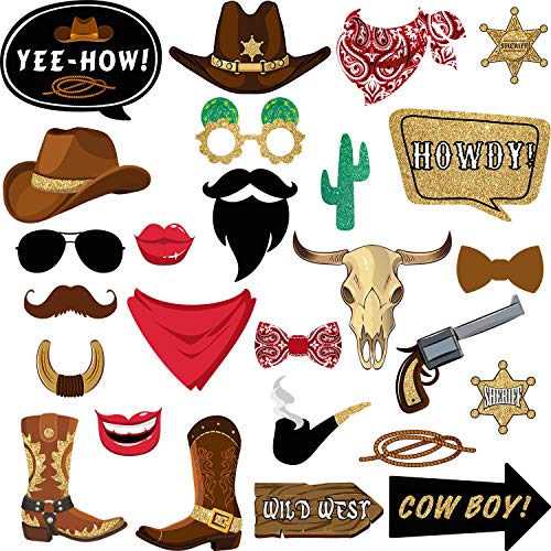 Blulu 26 Pieces West Cowboy Photo Booth Props Kit, Cowgirl Western Party Decorations Selfie Props For Western Cowboy Theme Party