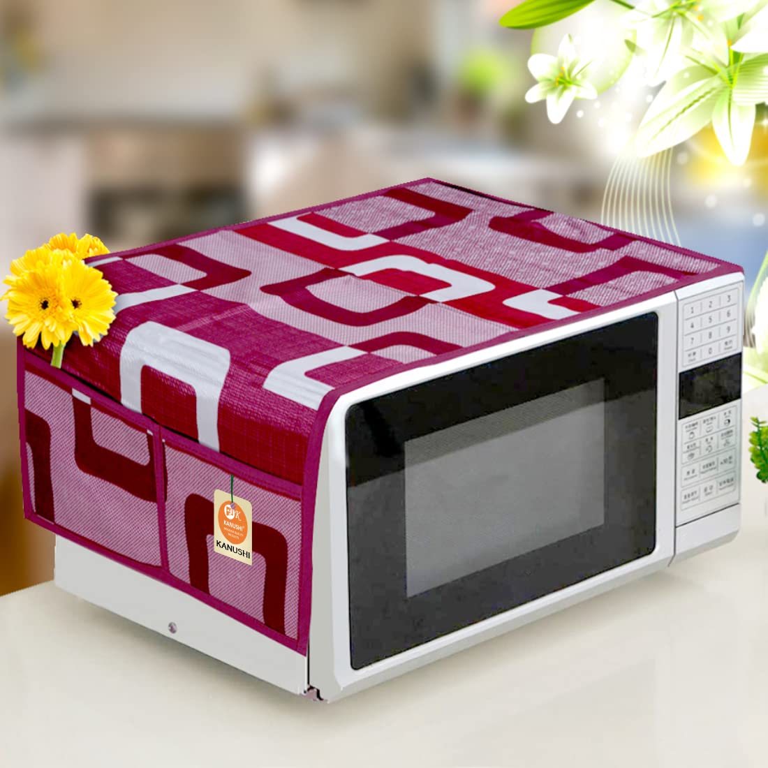 Kanushi Industries Microwave/Oven Top Cover With 4 Utility Pockets (Var-Micro-Maroon-Box-01)