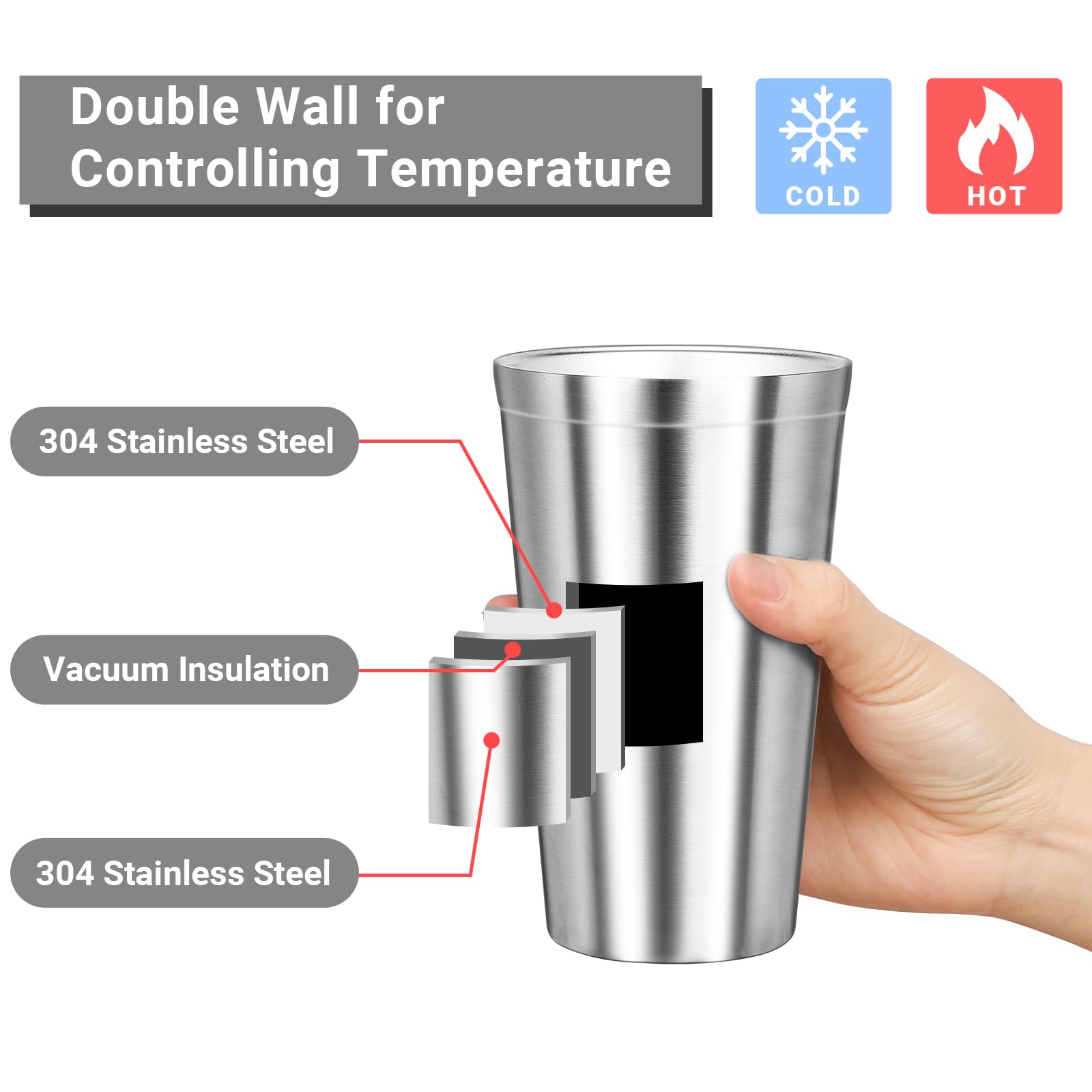 Offiper Stainless Steel Cups, 16 Oz Insulated Tumbler, 4 Pack Double Wall Unbreakable Stackable Water Tumblers Vacuum Insulated