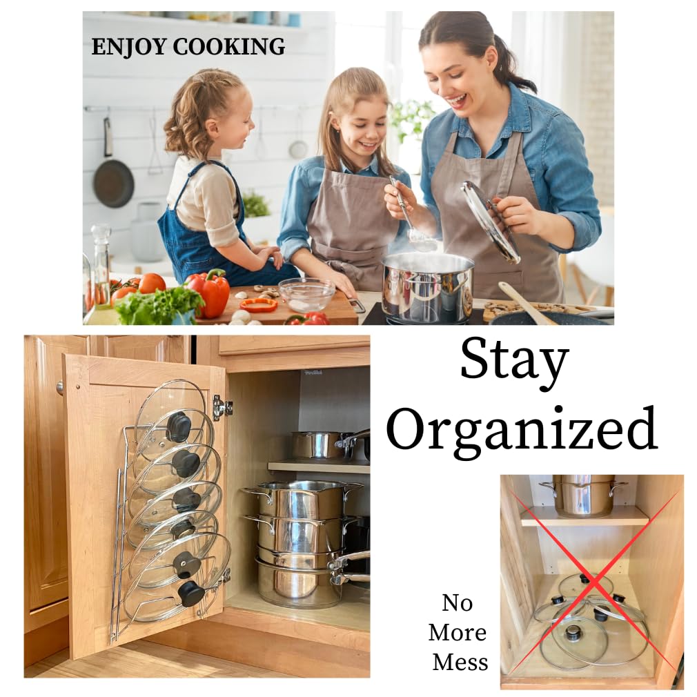 Evelots 6 Pot Lid Organizer For Cabinet Or Pantry Wall - Cupboard Door Pots And Pans Organizer - Glass Or Metal Pan Covers Cabin