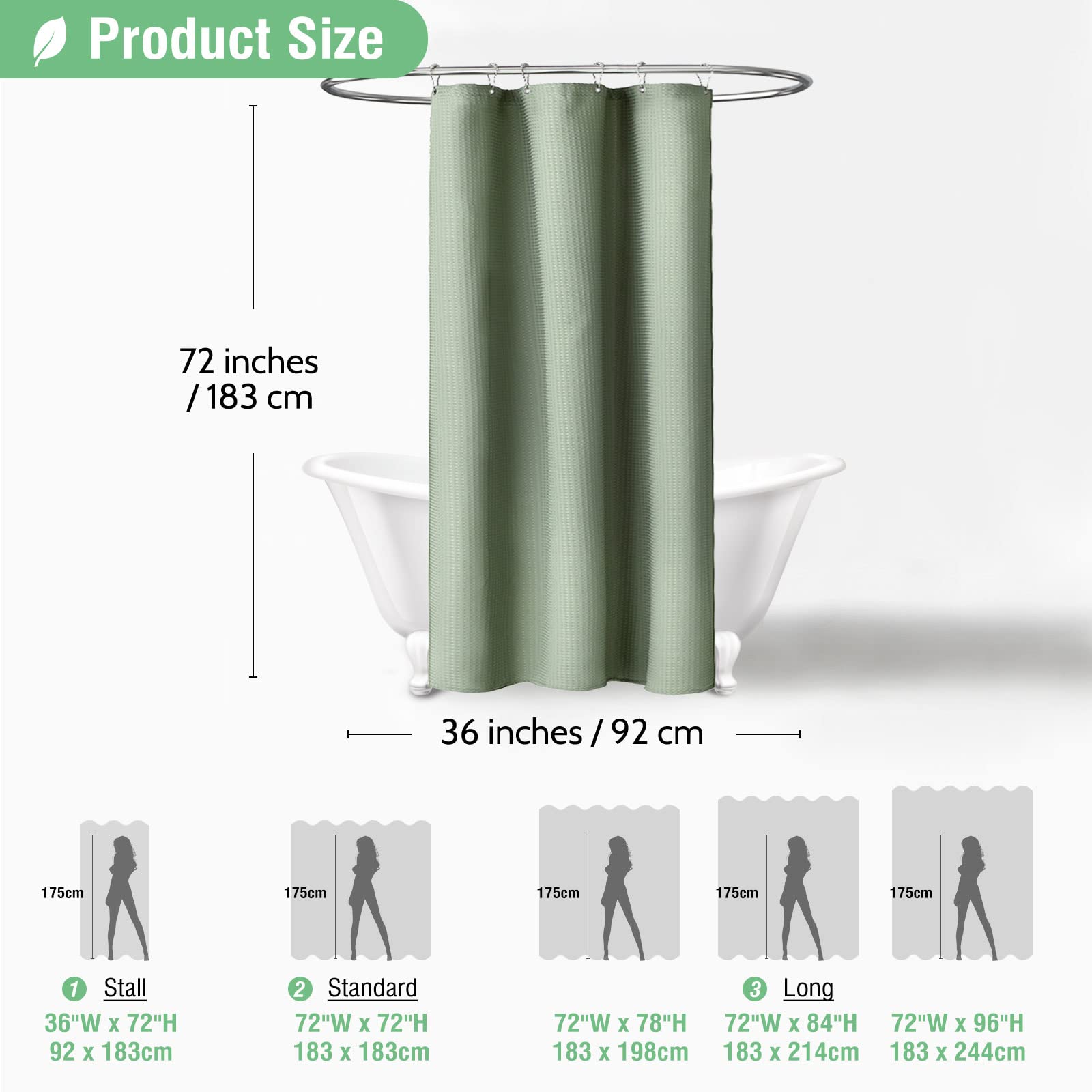 Dynamene Stall Fabric Shower Curtain - 36x72 Waffle Weave Weighted Cloth Shower Curtains for Bathroom  Neutral Heavy Duty Hotel Spa Luxury Bath Curtain Set with 6 Plastic Hooks Sage Green