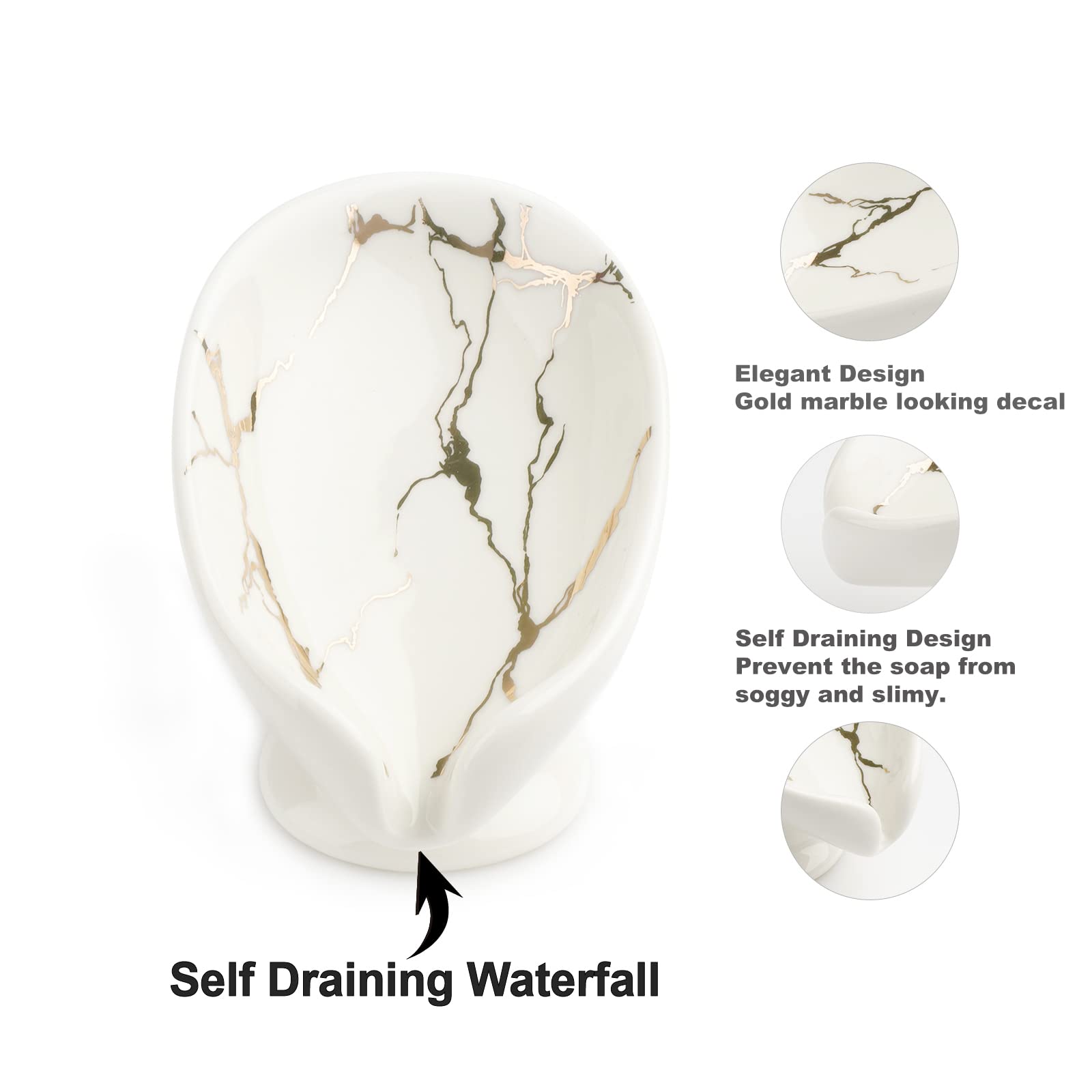 Self-Draining Soap Dish White Ceramic with Marble Brush Gold Soap Holder Waterfall Soap Dish Soap Savers for Bar Soap  for Bathroom  for Shower  for Bar Counter.