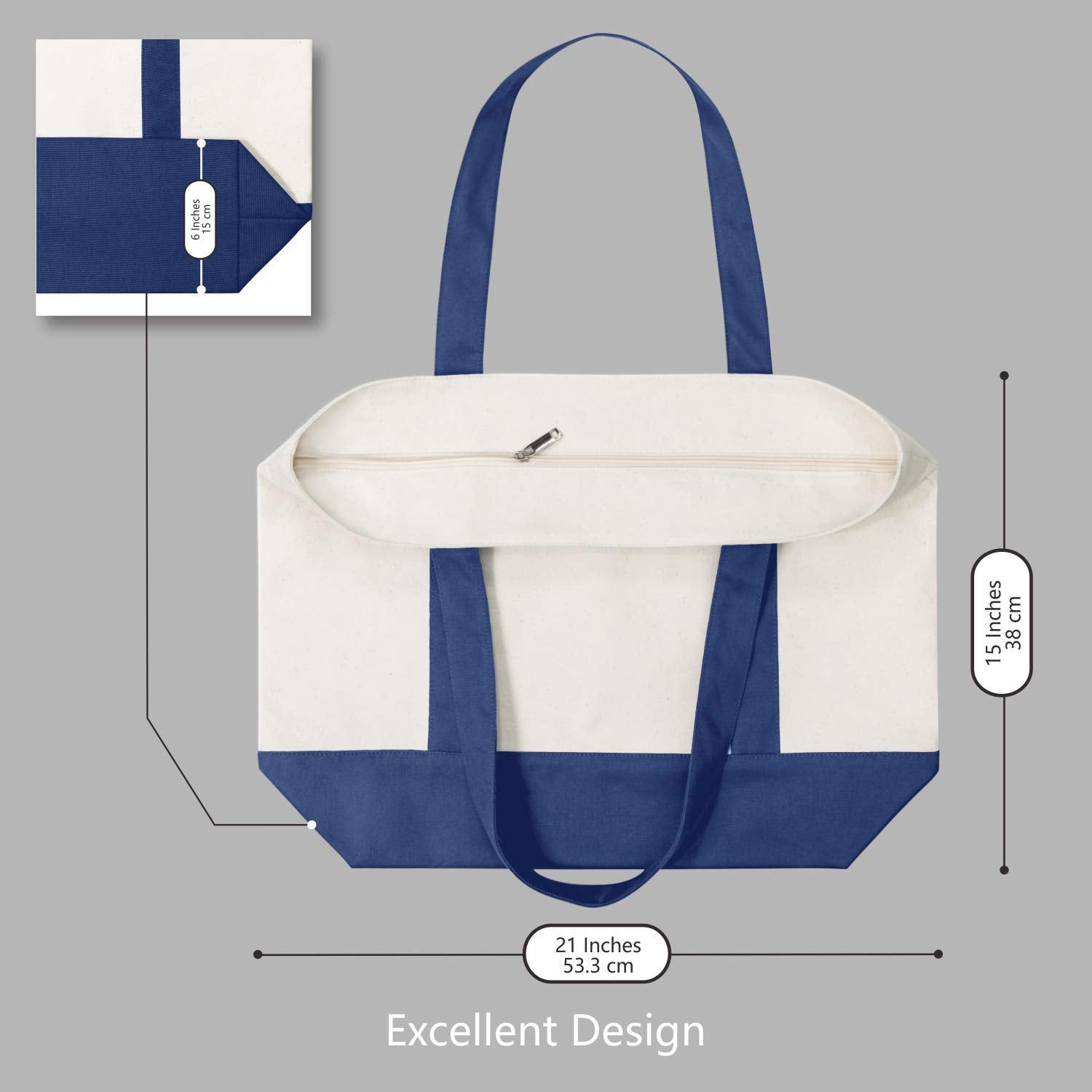 Topdesign 30-Pack Stylish Canvas Tote Bag With An External Pocket, Top Zipper Closure, Daily Essentials (Blue/Natural)