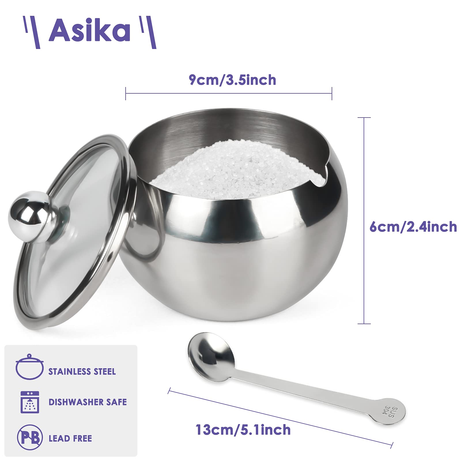 Asika Sugar Bowl, Stainless Steel Sugar Pot With Clear Lid And Spoon, Drum Shape Small Condiment Container For Home And Kitchen,
