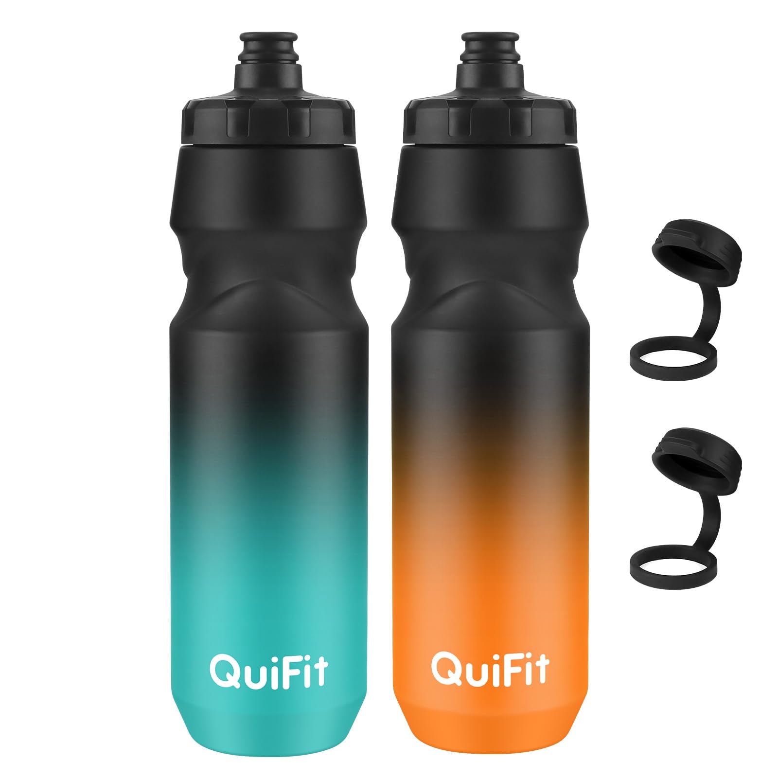 QuiFit Bike Water Bottle 2Pack, 32oz Squeeze Bottles BPA Free, Leak Proof, Reusable Sport Jug with Dust Cover, Fit Most Bike Ho
