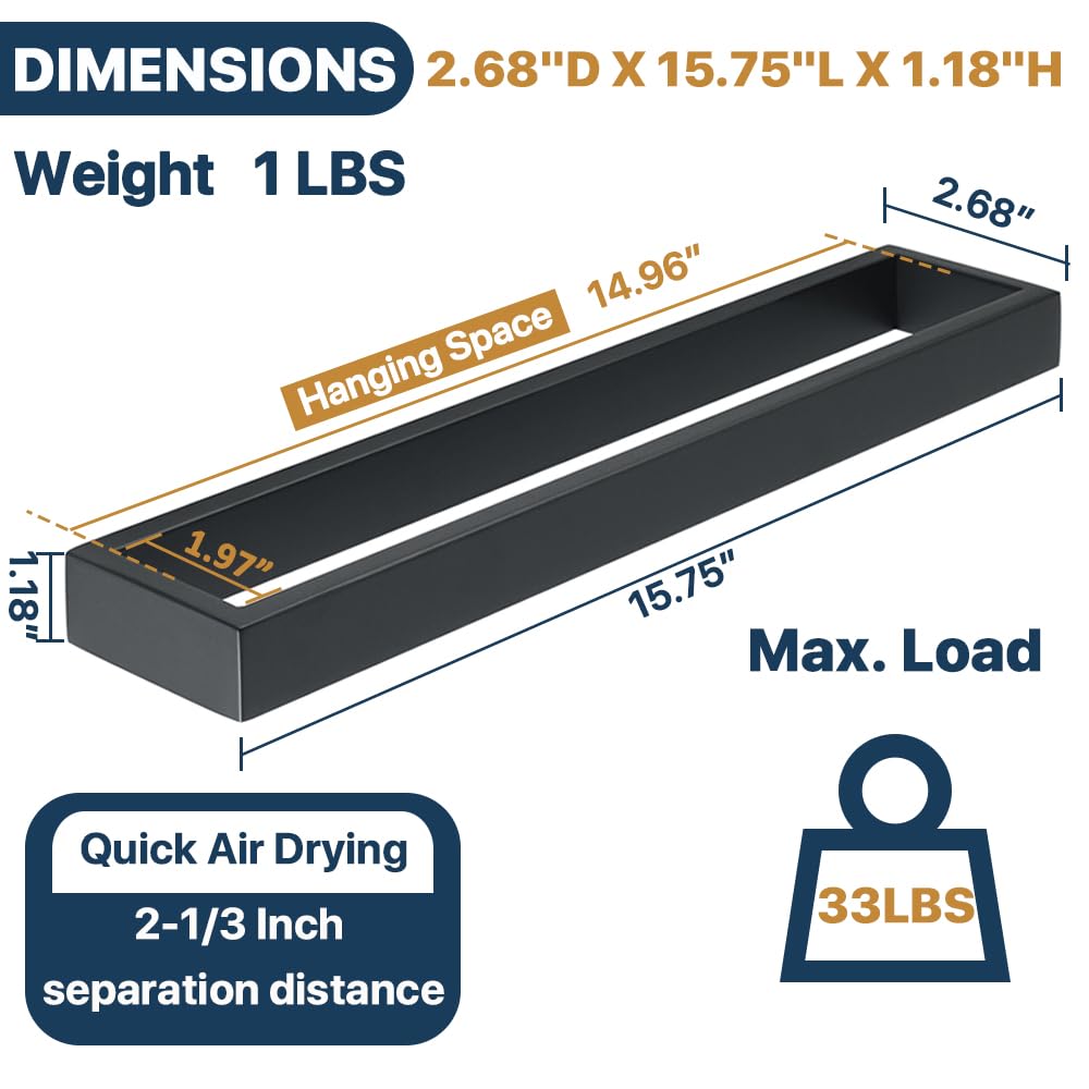 Sayayo Matte Black Towel Bar For Bathroom, 16 Inch Bath Towel Rack Towel Rod Hand Towel Holder Wall Mount Holder Square Sus304 S