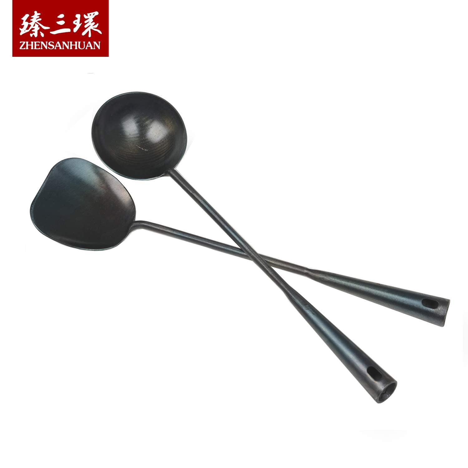ZhenSanHuan Hand Hammered Carbon Steel Spatula - 40CM/15.7'' Long Handle Wok Tool, Black Iron Model