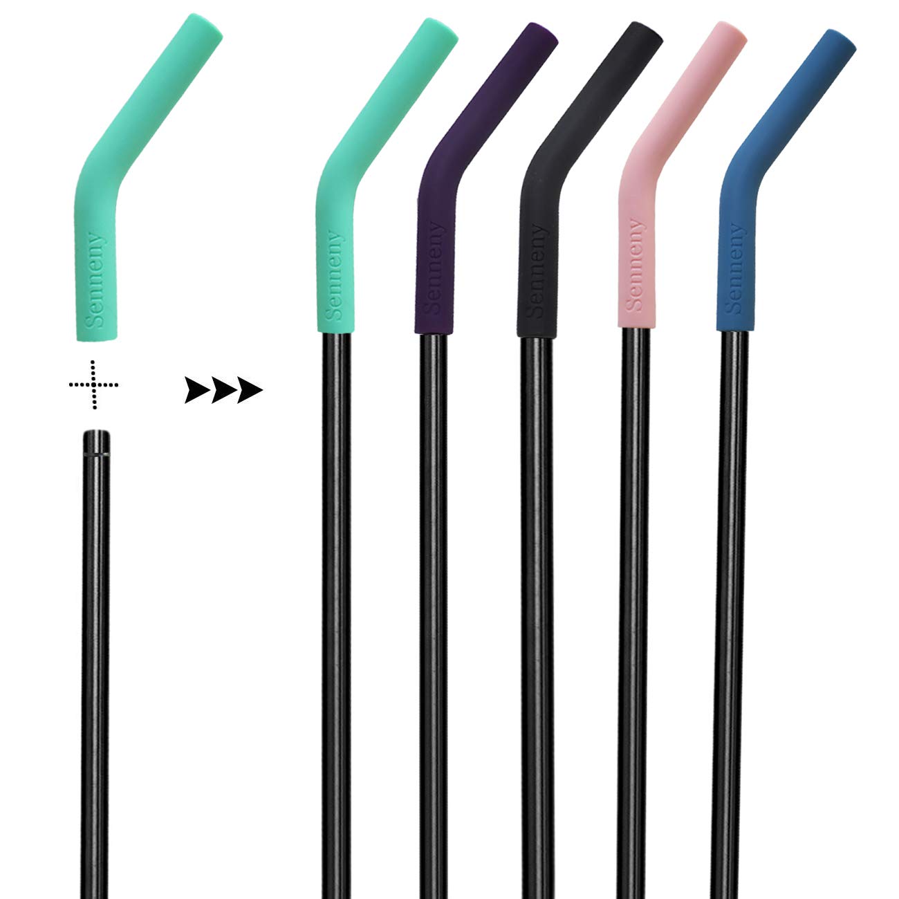 Senneny Set Of 5 Stainless Steel Straws With Silicone Flex Tips Elbows Cover, 2 Cleaning Brushes And 1 Portable Bag Included (Bl