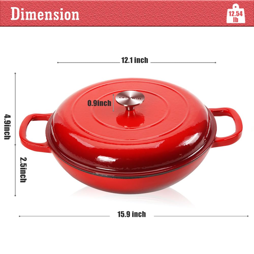 Cookwin Cast Iron Casserole Braiser,3.8 Quart Enameled Cast Iron Pan,Heavy Duty Casserole Skillet With Lid And Dual Handles,Porc