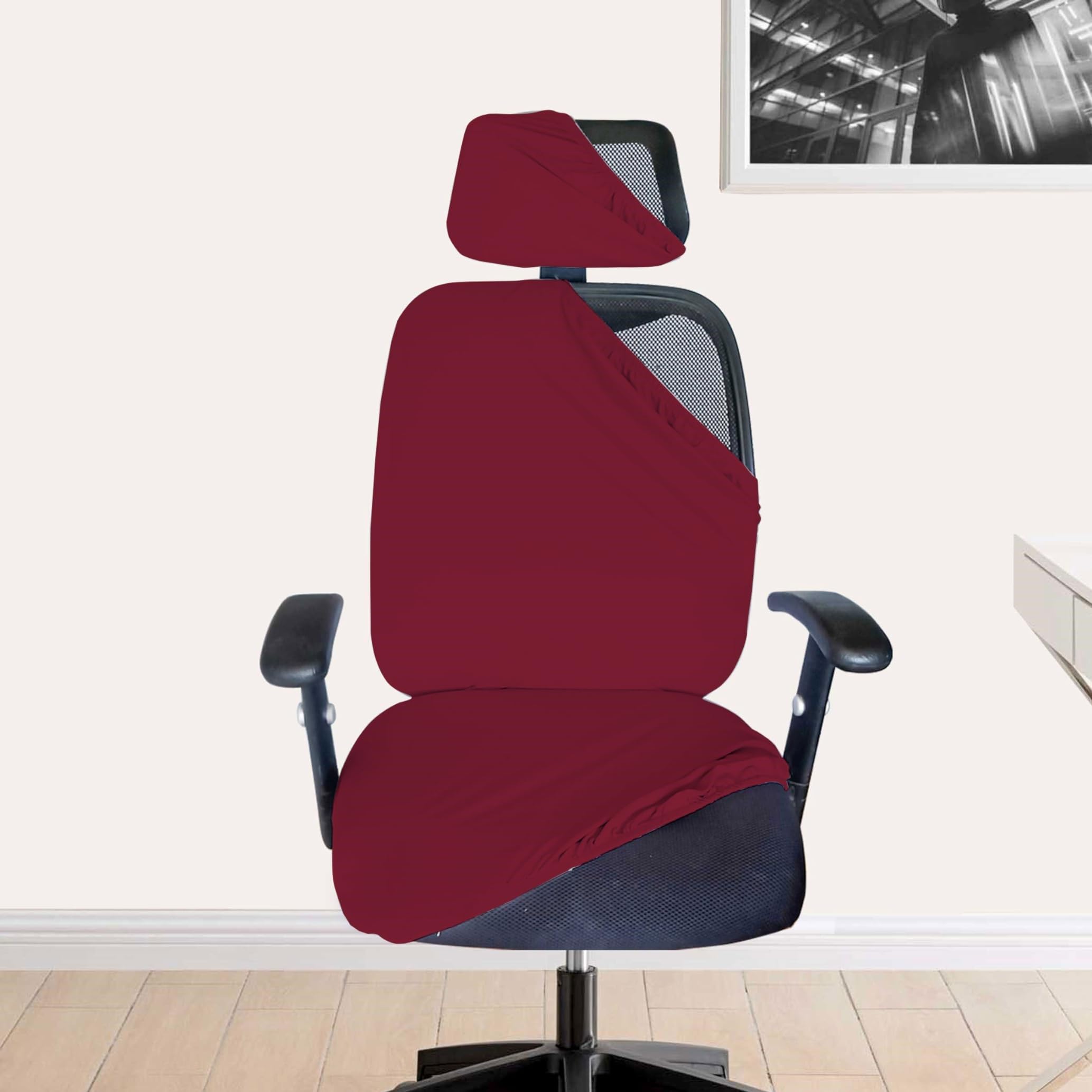 Hotkei 3 Piece Maroon Office Chair Cover With Headrest Cover 200Gsm Fabric Stretchable Removable Stain Proof Computer Desk Execu