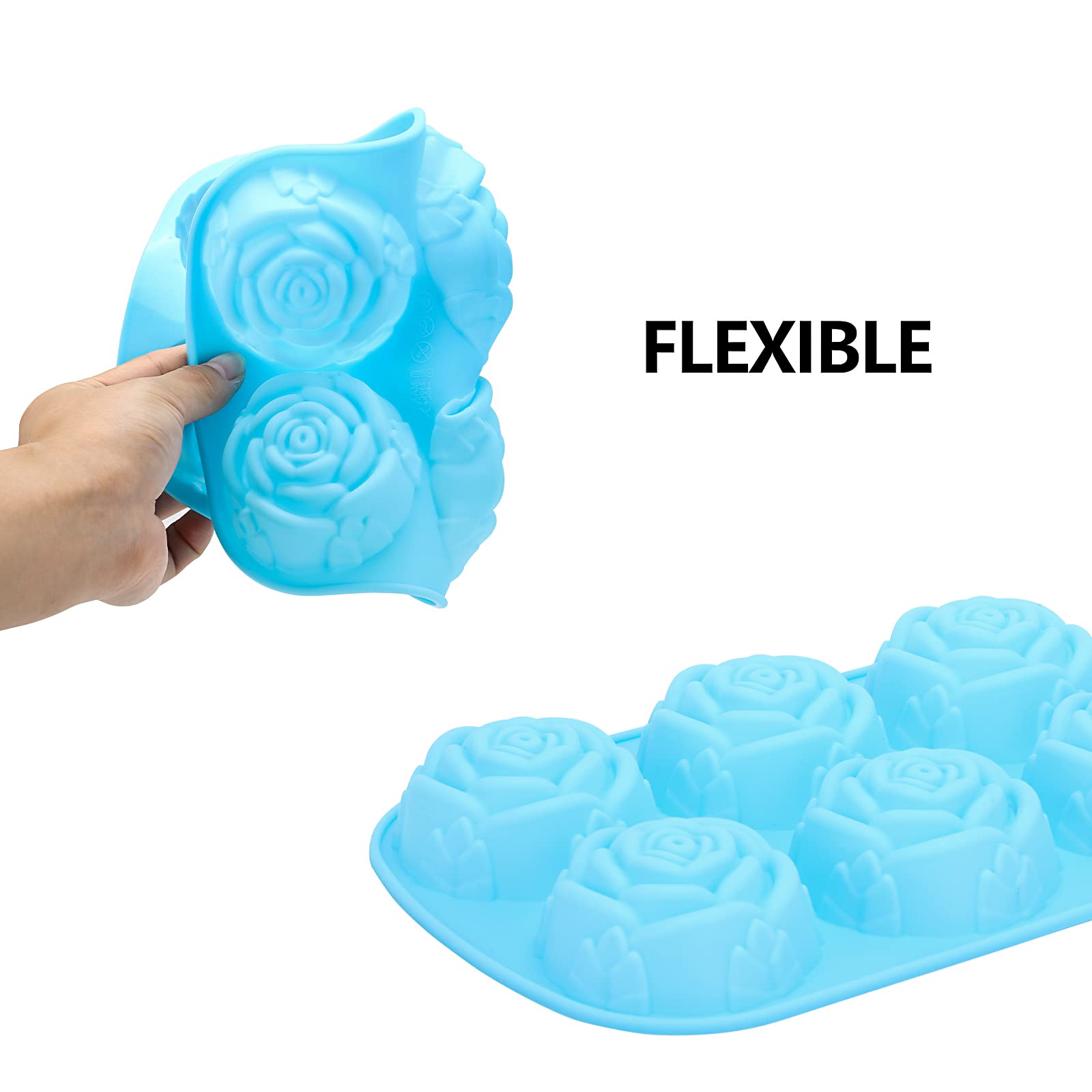 Silicone Rose Molds 5 Packs, 6-Cavity Non Stick Rose Flower Ice Cube Mold For Candy, Soap, Cupcake, Jelly, Chocolate, Blue