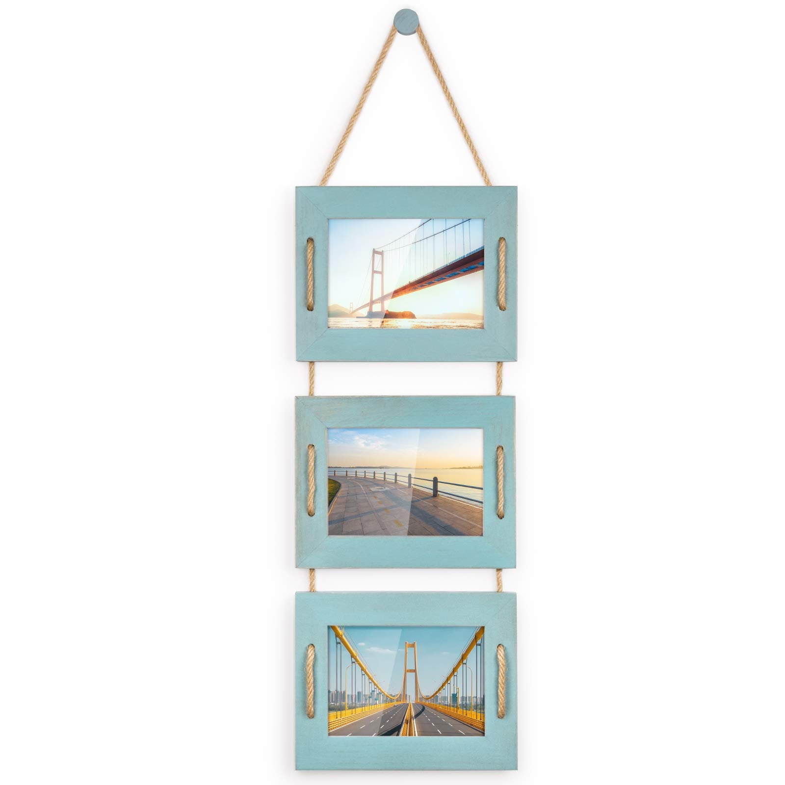DLQuarts 5x7 Hanging Picture Frames Collage Wall Decor, 3-Opening Photo Frames 5x7 without Mat & 3.5x5 with Mat, Rustic Wood 3 P