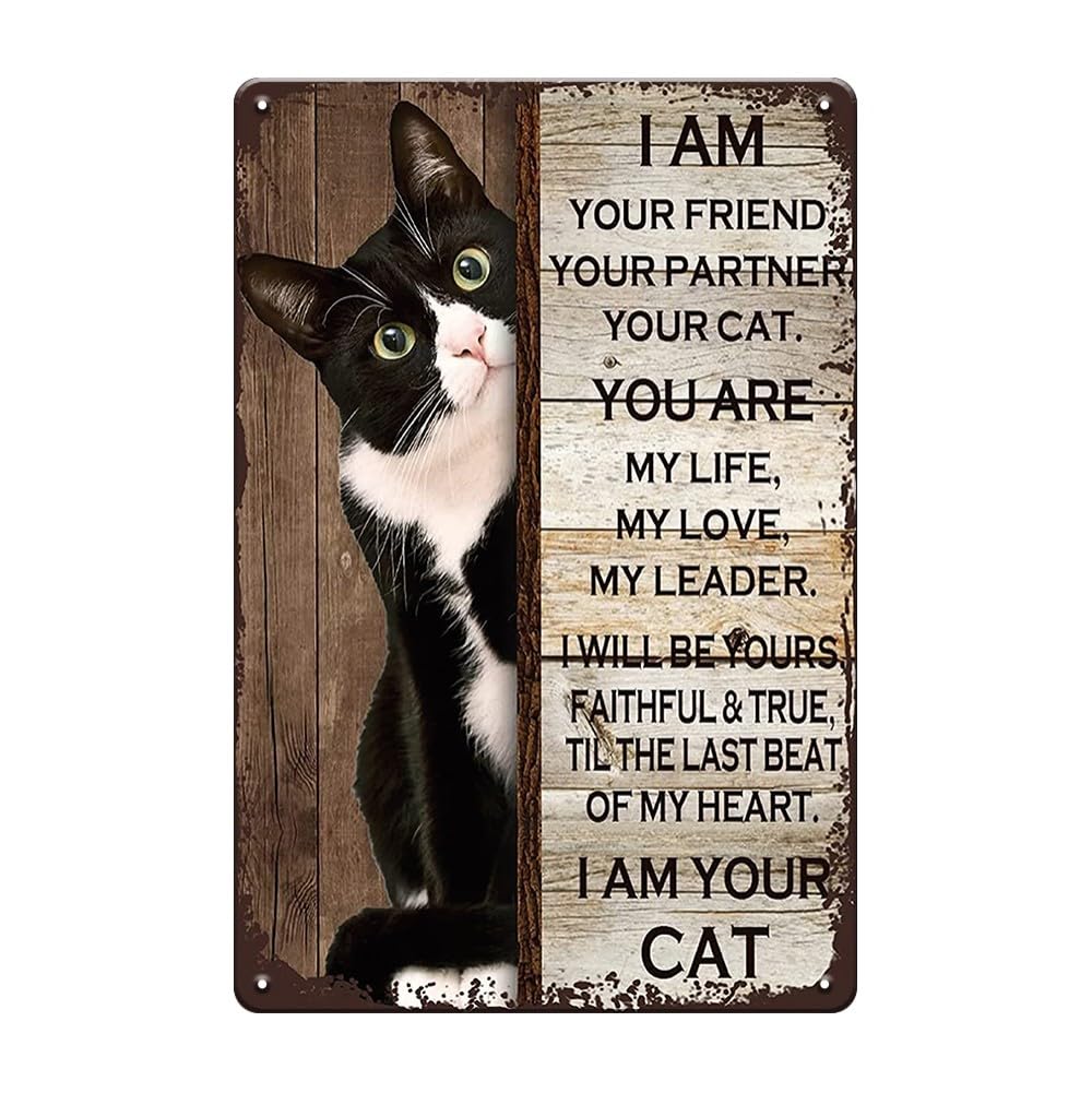 YOYI ART Tuxedo Cat Decor Sign - Vintage Metal Tin Wall Art, 8x12 inch, I Am Your Friend Cat Poster for Home and Cat Lovers